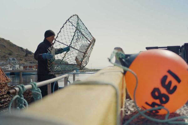 Des membres de l'équipage chargent des casiers à crabe à la main sur le bateau de pêche dans le port, avec une bouée visible au premier plan.